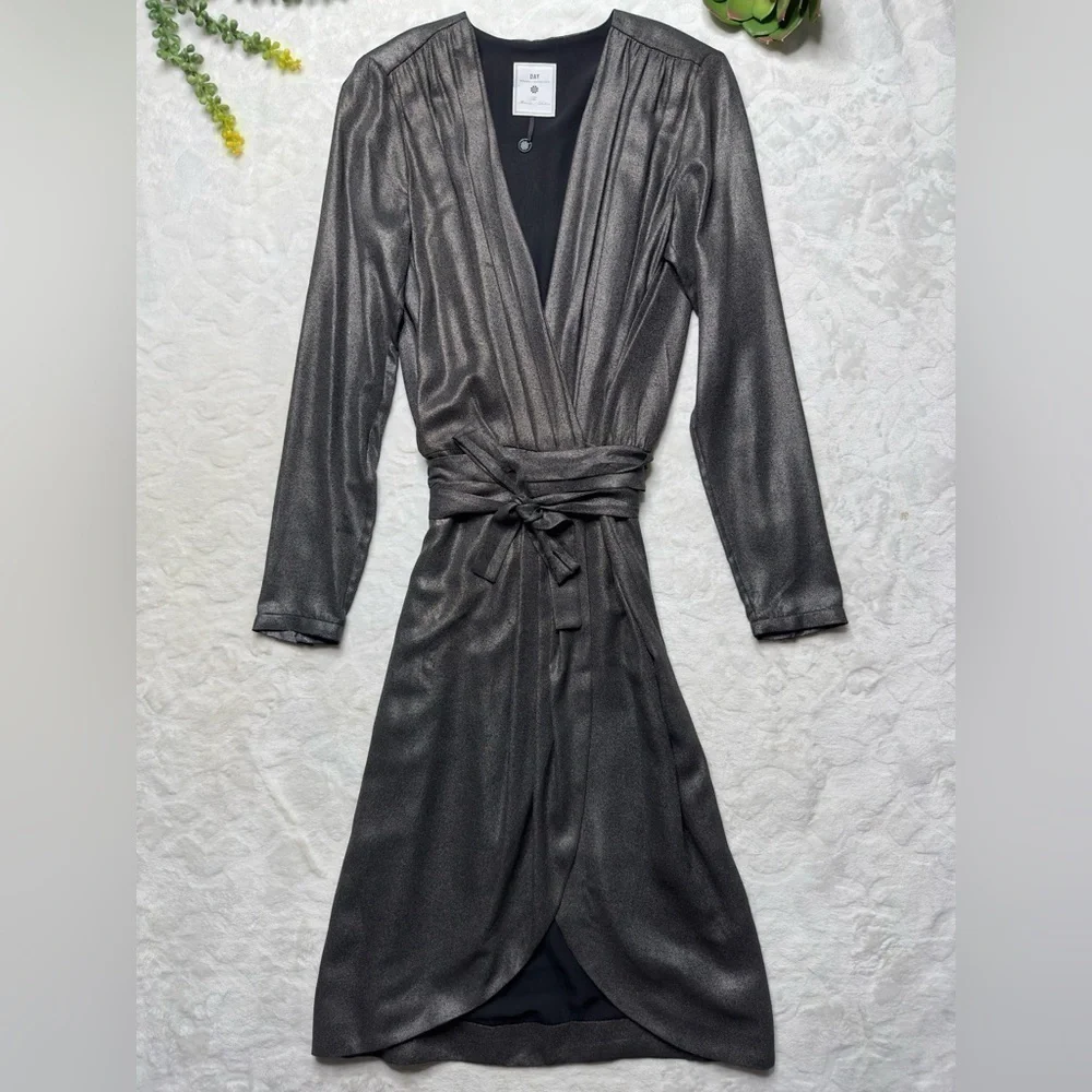 DAY Birger et Mikkelsen Long Sleeve Metallic Silver Midi Wrap Dress XS
